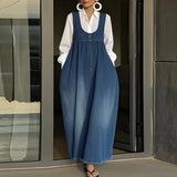 Purpdrank  Fashion Simple Button Pleated Vest Dress Summer Casual Pocket Solid Color Long Dress 2026 Women Elegant U-neck Loose Party Dress