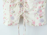 Purpdrank  Summer Puff Sleeve French Floral Printed Shirts Elastic Back Sexy Crop Tops Slim Short Top