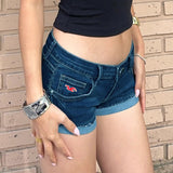Purpdrank  Low waisted American style two-color slimming, hip hugging, spicy girl, rolled edge jeans, stretch, plus size, ripped hole