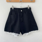 Purpdrank  Spring Summer Lace Patchwork Women's Denim Short Pants 2025 New High Waist Blue Casual Jeans Wide Leg Shorts for Women