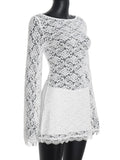 Purpdrank  Sexy White Lace Flare Sleeve Bodycon Dress Women Fashion O Neck Hollow Out Slim Fit Club Party Mini Dress Trendy Hot Girl