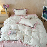 Purpdrank  3/4Pcs Flower Prints 100% Cotton Korean Princess Style Bedding Set Single Queen Duvet Cover Bed Sheet/Fitted Sheet Pillowcase
