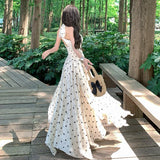Purpdrank  French Style Polka Dot Print Halter Neck Dress Lace Vacation Long Dress