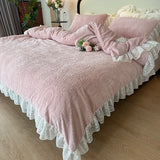 Purpdrank  Vintage French Carved Velvet Lace Ruffles Soft Warm Winter Bedding Set Duvet Cover Flat/Fitted Bed Sheet Pillowcases 4Pcs
