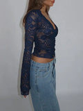 Purpdrank  Autumn T-Shirts 2025 Women's Sexy Lace Jacquard Wavecut Hem Long Sleeve V-Neck Skinny Fit Cropped T-Shirts