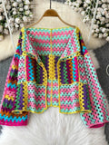 Purpdrank  Multicolor Crochet Cardigan Women Sheer Openwork Patchwork Knit Open Front Sweater Jacket  Boho Beach Vacation Festival Outfit