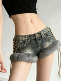 Purpdrank  Punk Rock Fuzzy Trim Denim Shorts American Retro Studded Low Waist Side Lace-up Hot Pants for Women Y2K Fashion Streetwear