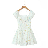 Purpdrank  New Sweet Floral Print Spliced Lace Slit Square Collar Short Puff Sleeve Dress for Women Low Waist Mini Dresses Femme Vestidos