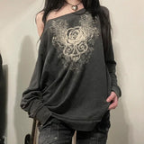 Purpdrank  Vintage Clothes Sweatshirts Rose Print Slanted Neck Off Shoulder Long Sleeved Top Women Casual Hoodie Harajuku Street