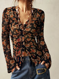 Purpdrank  Print Blouse Women Stand Collar Single Breasted Shirts Long Sleeve Vintage Fashion Top Spring Summer New Female Blouse