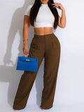 Purpdrank  Women Casual Loose Straight Pants High Waisted Button Wide Leg Trousers Pleated Long Culottes Pants Elastic Trouser with Pockets
