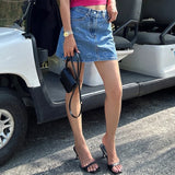 Purpdrank  Summer LOVE Print Y2K Women's Denim Wrap Skirt 2025 New High Waist Blue Jeans Sexy Mini A-line Skirts for Women