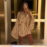 Purpdrank  Women's Printed Loose and Fashionable Casual Dress with Bubble Sleeves and Lace Up High-end A-line Skirt