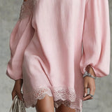 Purpdrank  Casual Loose Long Sleeve Mini Dress Women Summer Fashion One Shoulder Pink Lace Short Dresses Elegant