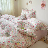 Purpdrank  Cute Floral Duvet Cover Set Ins Korean Style with Flat Sheet Pillowcase No filler Washed Cotton Queen Full Twin Home Bed Linen