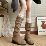 Purpdrank  Platform Thick Heel Women Western Cowboy Boots Fashion Slip On Folded Pile Long Booties Female Shoes Autumn Winter