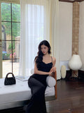 Purpdrank  Elegant Black Midi Dress Women Fashion Party Prom Sexy Lace Backless Dresses Summer Gyaru Korean Straps Bodycon Vestidos