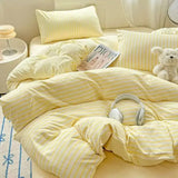 Purpdrank  INS Nordic Bedding Set - 4PC Green/Pink Striped Duvet Cover (Girls' Quilt Set, Queen/King Size Home Decor)