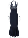 Purpdrank  Elegant Navy Blue Halter Mermaid Long Dress Women Sexy Deep V Front Sleeveless Backless Slim Bodycon Evening Party Gown