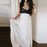 Purpdrank  Fashion Off Shoulder Hollow Guest Dress Leather Patchwork Pleated Evening Dress Sexy Lady V-neck Sleeveless Suspender Long Dress