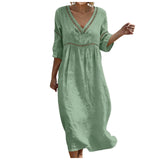 Purpdrank  Women's Casual Cotton Linen Dress Elegant Lace Trim Openwork V Neck Solid Color Loose Fit Summer Dress Boho Flowy Office Dresses