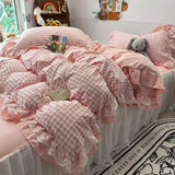 Purpdrank  Ins Princess Bedding Set Latticed Simple Elegant Skirt Bed Sheet Set With 2 Pillowcases Queen Size For Women Teens Bedcloths