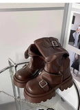 Purpdrank  Retro Mid-Calf  Boots Women's Long Boots Thi Bot ort Boots Korean Sle Spring Autumn Season Flat Heel PU Material