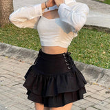 Purpdrank  Side Bandage Slim Fit High Waist Mini Skirt Cascading Ruffles Patchwork A-line Skirts Summer New Hottie 2000s Y2k Faldas Mujer