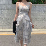 Purpdrank  Women Floral Spaghetti Strap Dress Elastic Ruched Sexy Hollow Backless Party Dress Summer Boho Vacation Beach Sundress