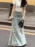 Purpdrank  Oversized American Retro Print Denim Skirt Women Spring/Summer New High Waist A-line Raw Edge Temperament Wrap Hip Long Skirts