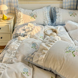 Purpdrank  Korean Princess Style Double Layer Lace Flower Embroidery 100% Cotton Bedding Set Plaid Style Duvet Covers Bed Sheet Pillowcases
