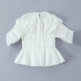 Purpdrank  Stylish White Embroidery Hollow Out Flower Slash Shoulder Short Sleeve Tank Top Women Elastic Waist Ruffles Hem Crop Tops