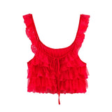 Purpdrank  Creamy Lace Ruffled Layered Strappy Top Women Blouses Vintage Sleeveless O Neck Cropped Camisole Boho Beach Sheer Tanks Tops