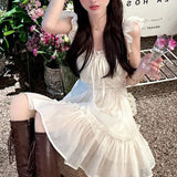 Purpdrank  French style Sweet Flying Sleeve Dresses Women Summer Advanced sense Temperament Fairy dress Waist Thin Petite Short Skirt