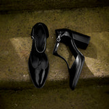 Purpdrank  New Fashion Lacquer Leather T-shaped Pumps Round Toe Square Heel Straw Shoes French High Heels One Button Baotou Sandals