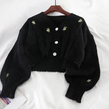 Purpdrank  Women Knitted Cute Fashion Loose Sweater Spring Autumn V-Neck Lantern Sleeve Embroidery Floral Harajuku Female Cardigan