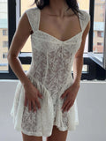 Purpdrank  Women's Dresses Summer French Fashion 2025 Plain Lace Sexy Short Sleeve Sweetheart Neck Mini Flounce Party Dresses