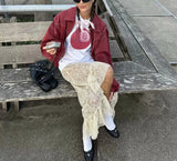 Purpdrank  Spring Sexy Lace Flowy Holiday Skirts Women Vintage Irregular Long Skirts Female High Waist Ruffle See Through Elastic Skirts