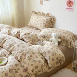 Purpdrank  Cute Floral Duvet Cover Set Ins Korean Style with Flat Sheet Pillowcase No filler Washed Cotton Queen Full Twin Home Bed Linen