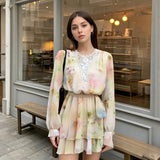 Purpdrank  Lace stitching round neck long sleeve loose sweet style A-line dress short skirt summer new women's clothing