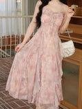Pink Print French Strap Dress Women Chiffon Elegant Evening Party Midi Dress Female Ruffle Korean Sweet fairy Dress Summer
