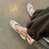 Purpdrank   New Fashion Style Low Heels Bottom Sandals Breathable Woven Toe Cover Holiday Vacation Retro Roman Shoes Women Ankle Strap