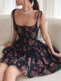 Purpdrank  Sexy Women Black Flower Print Spliced Mesh Bra Corset style Mini Dress Slim Waist Party Skater Bow Lacing up Sling Robe
