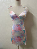 Purpdrank  Sexy Tie Dye Print Satin Sling Dress Women Bandage Lacing up Strap Slit Short Mini Party Robe
