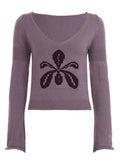 Purpdrank  Autumn Korean Casual All Match V Neck Long Sleeve Slim Flower Jacquard Knitted Pullover