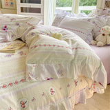 Purpdrank  Flower Skin-friendly Washed Cotton Bedding Set Duvet Cover Set Korean Lace Ruffles Quilt Cover Soft Cover Bed Linen Pillowcases