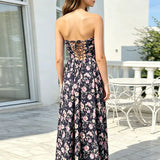 Purpdrank   Fashion Backless Hollow Out Summer Long Dress Female Casual High Waist Beach Dress Vintage Printed Pleated Bohemian Dress