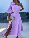 Purpdrank  Women Summer Skew Collar Loungewear Dress, Hollow Out Fashion Solid Elegant Maxi Dress, One Off Shoulder Patchwork Ladies Dress