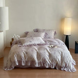 Purpdrank  4Pcs Lyocell Soft Silky Cooling Summer Bedding Set Rose Floral Prints Ruffles Duvet Cover Set Bed Sheet/Fitted Sheet Pillowcases