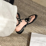 Purpdrank   Women's Black Cow Suede Low Heel Sandal Summer Fashion Studded Decor Thong Sandals Ankle Strap Slip-On Summer Beach Shoes